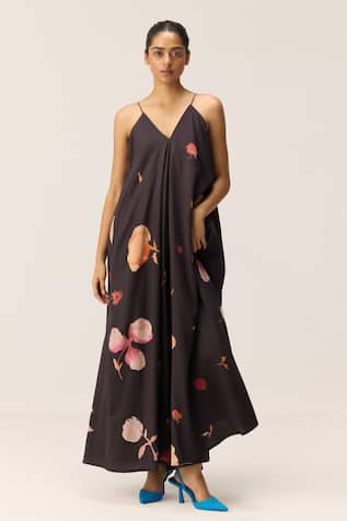 Kharakapas Charcoal Floral Maxi Dress 