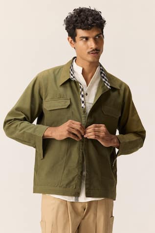 Kharakapas Olive Green Oxford Cotton Shacket 