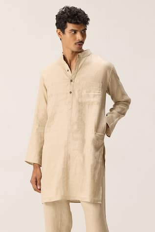 Kharakapas Beige Cotton Linen Kurta Pyjama Set 