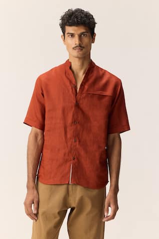 Kharakapas Cotton Linen Mandarin Collar Shirt 