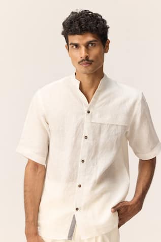 Kharakapas White Linen Mandarin Collar Shirt 