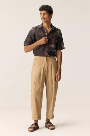 Kharakapas Beige Cotton Oxford Straight-Fit Trousers 