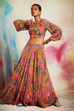 Saundh Pink Georgette Printed Top & Lehenga Set 