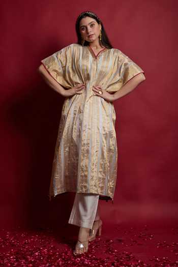 Vinusto Gold Zari Stripe Kaftan & Chanderi Pants Set 