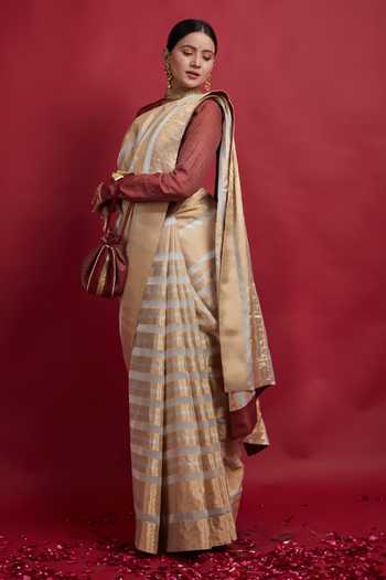 Vinusto Gold Stripe Zari Saree with Chanderi Blouse 