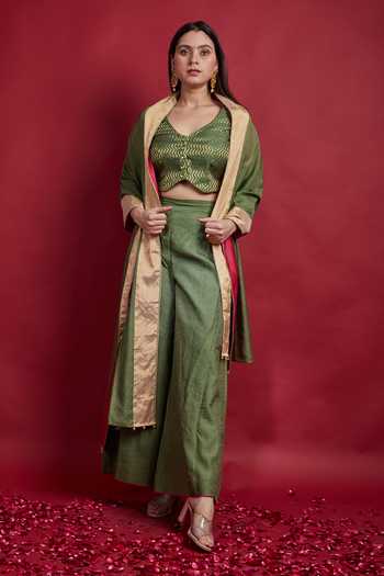 Vinusto Olive Green Chanderi Top & Palazzo Set 
