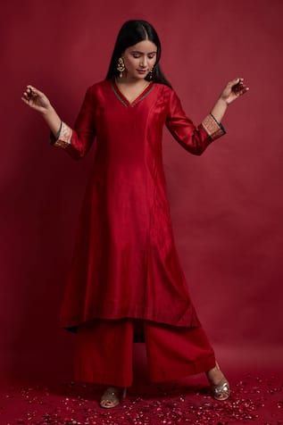 Red Chanderi Handwoven Kurta & Palazzo Set 