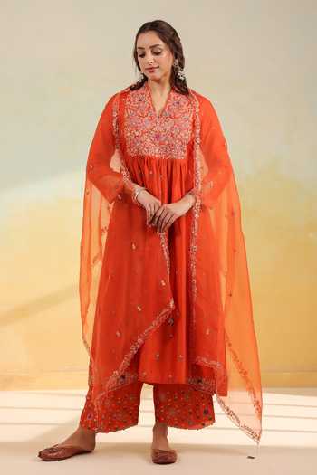 Label Niti Bothra Orange Kairi Buta Jaal Frockstyle Set 
