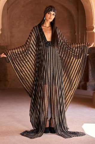 Itrh Black & Gold Striped Kaftan Set 