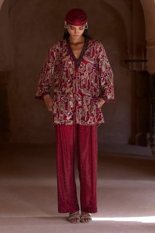 Itrh Maroon Crystal Embellished Tunic & Pant Set 
