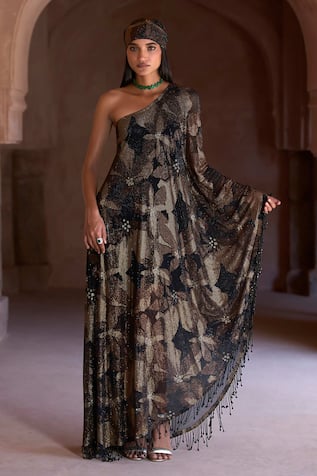 Itrh Floral One-Shoulder Kaftan Dress & Headgear 