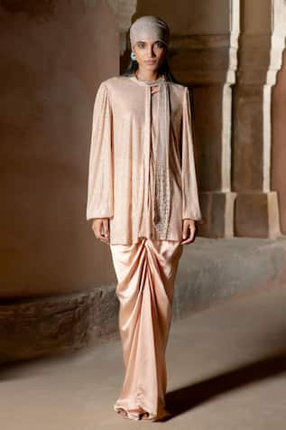 Itrh Crystal Embellished Tunic & Draped Skirt Set 