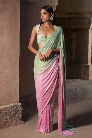 Itrh Ombre Crystal-Embellished Saree Set 