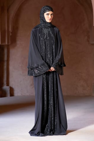 Itrh Crystal Embellished Black Abaya Set 