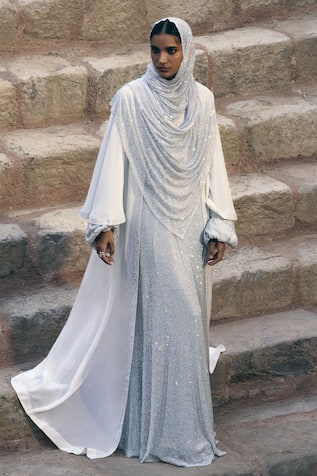 Itrh Silver Crystal Embellished Abaya Set 