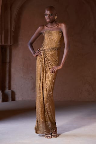 Itrh Crystal Embellished Gold Gown 