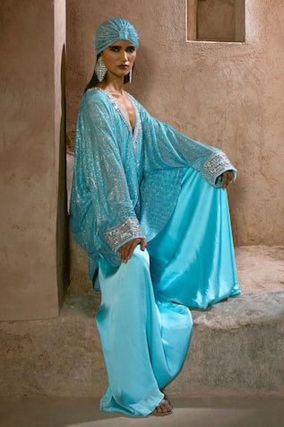 Itrh Ice Blue Striped Tunic & Satin Skirt Set 