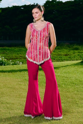 Charu And Vasundhara Asymmetric Mirror Work Kurta & Sharara Set 