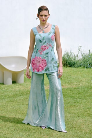 Charu And Vasundhara Aqua Blue Appliqued Kurta & Sharara Set 