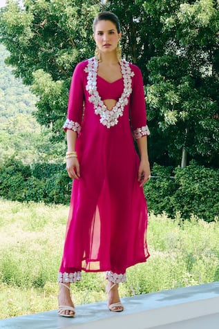 Charu And Vasundhara Fuschia Hand Embroidered Kurta Set 