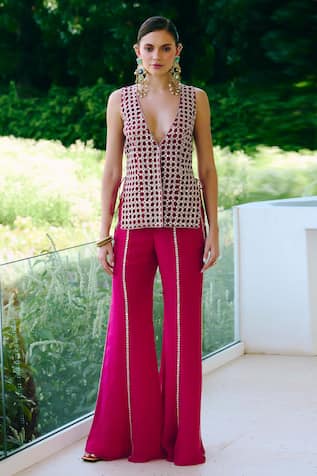 Charu And Vasundhara Fuschia Criss-Cross Tie Jacket & Pant Set 