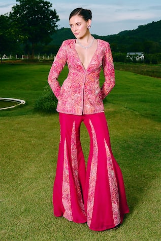 Charu And Vasundhara Floral Embroidered Blazer & Sharara Set 