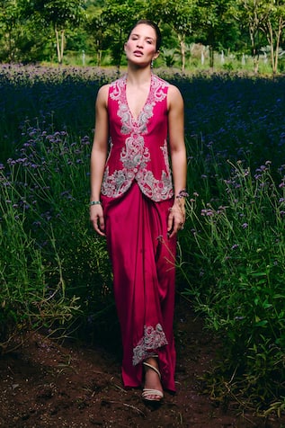 Charu And Vasundhara Fuschia Paisley Embroidered Jacket & Skirt Set 