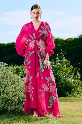 Charu And Vasundhara Fuschia Floral Applique Long Jacket Set 