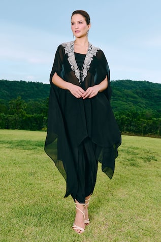 Charu And Vasundhara Embroidered Black Cape Set 