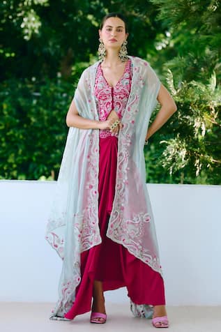 Charu And Vasundhara Fuschia Paisley Embroidered Set 