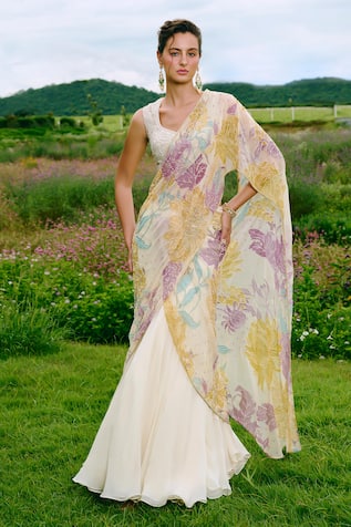 Charu And Vasundhara Floral Embroidered Pre-draped Saree Set 