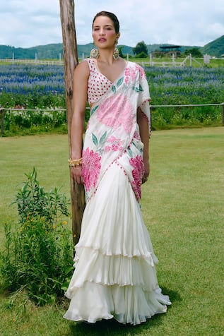 Charu And Vasundhara Appliqued Embroidered Pre Draped Lehenga Saree With Blouse 