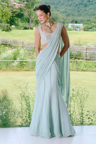 Charu And Vasundhara Mirror Work Fishcut Saree Set 