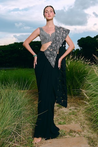 Charu And Vasundhara Cut Work Embroidered Black Pre-Draped Saree & Blouse Set 