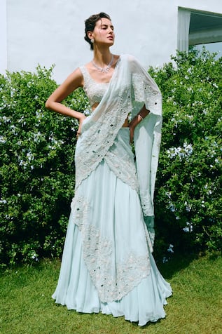 Charu And Vasundhara Aqua Blue Cut Work Embroidered Lehenga Saree & Blouse Set 