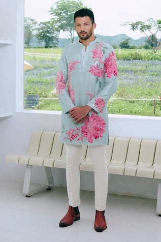 Charu And Vasundhara Aqua Blue Sequined Kurta & Pant Set 