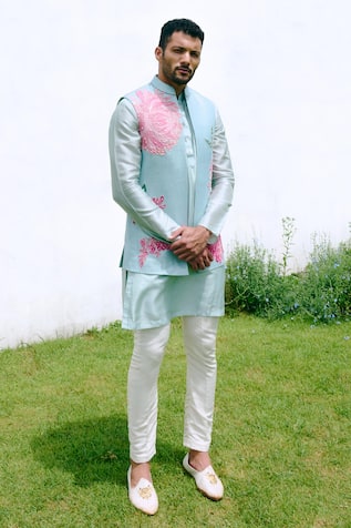 Charu And Vasundhara Aqua Blue Sequined Nehru Jacket Set 