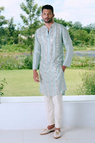 Charu And Vasundhara Aqua Blue Mirror Work Kurta Set 