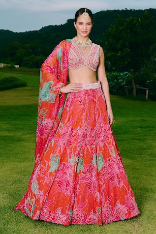 Charu And Vasundhara Floral Embroidered Lehenga Set 