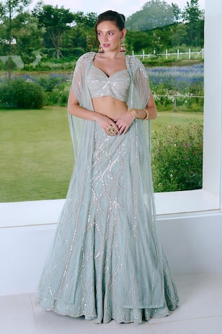 Charu And Vasundhara Aqua Blue Mirror Work Lehenga Set 