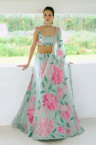 Charu And Vasundhara Aqua Blue Applique Embroidered Lehenga Set 