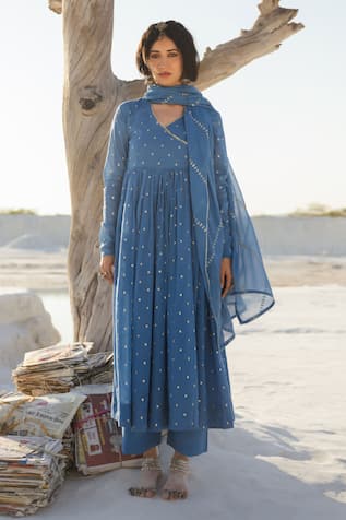 Karaj Jaipur Royal Blue Mul Cotton Anarkali Set