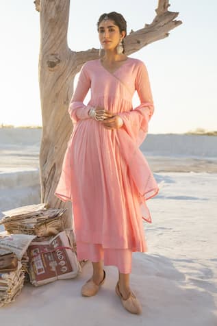 Karaj Jaipur Rose Pink Mul Cotton Anarkali Set