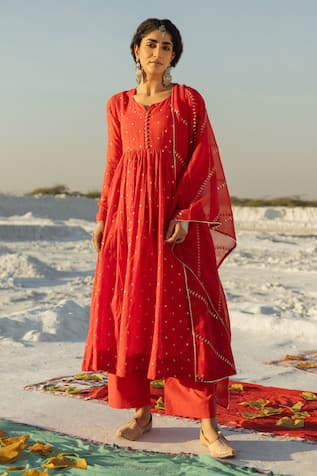 Karaj Jaipur Red Mul Cotton Anarkali Set