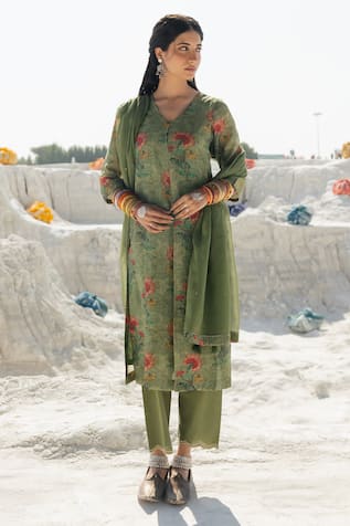 Karaj Jaipur Sage Green Linen Kurta Set