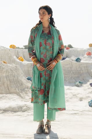 Karaj Jaipur Turquoise Blue Linen Kurta Set