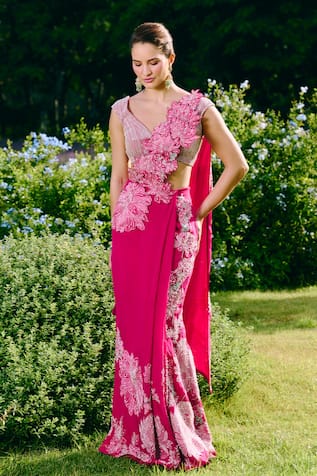 Charu And Vasundhara Fuschia Appliqued Embroidered Pre Drape Saree & Blouse Set 