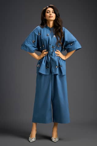 Designer Blue Cotton Shirt & Pant Set 
