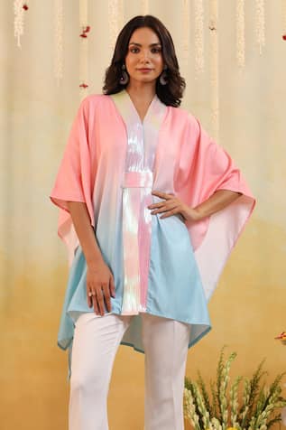 B'Infinite Cyan Ombre Embellished Cape 