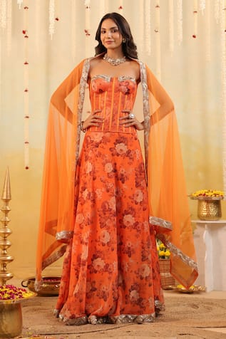 B'Infinite Floral Rust Embellished Three Piece Set 